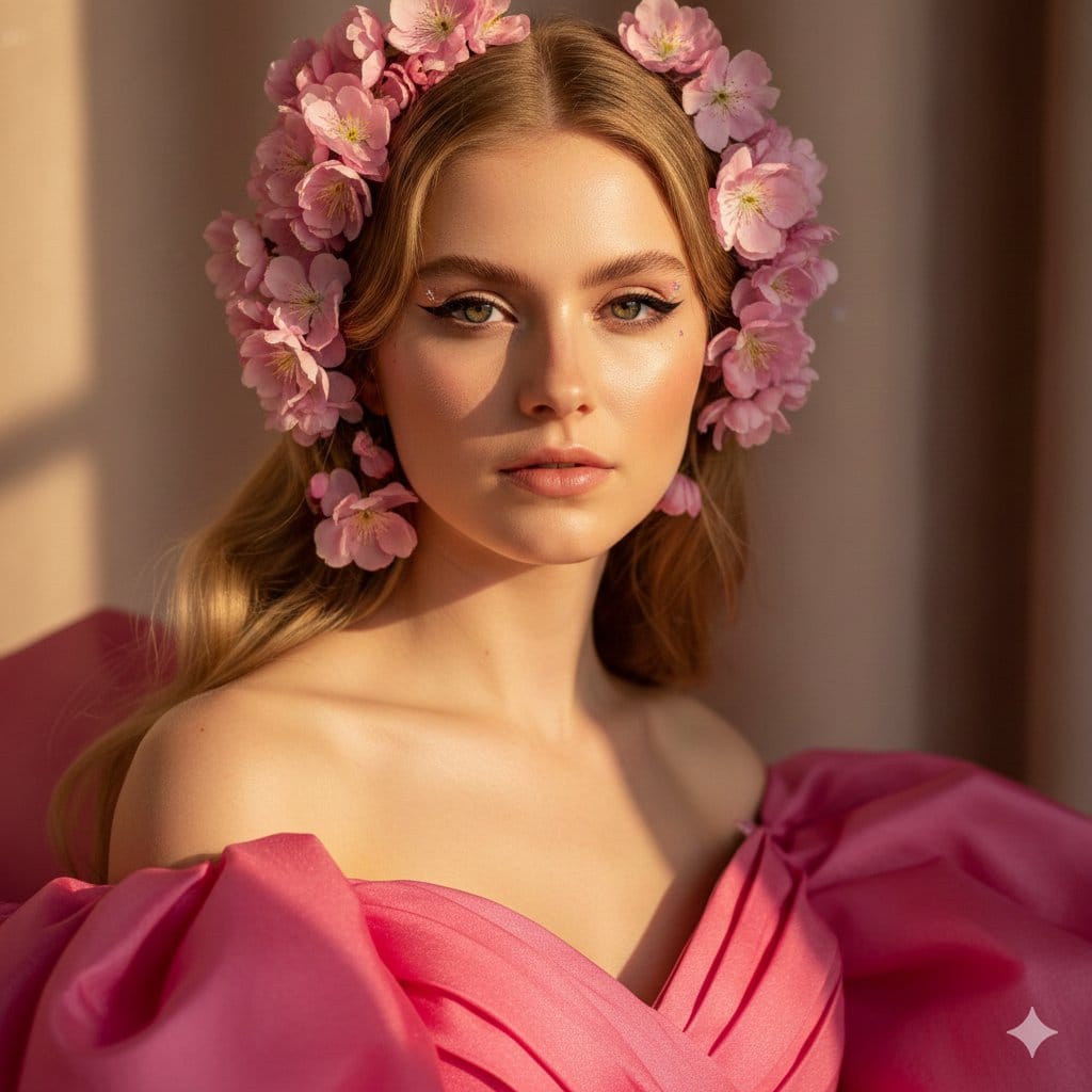 Cinematic Pink Blossom Couture Portrait - KI-Prompt