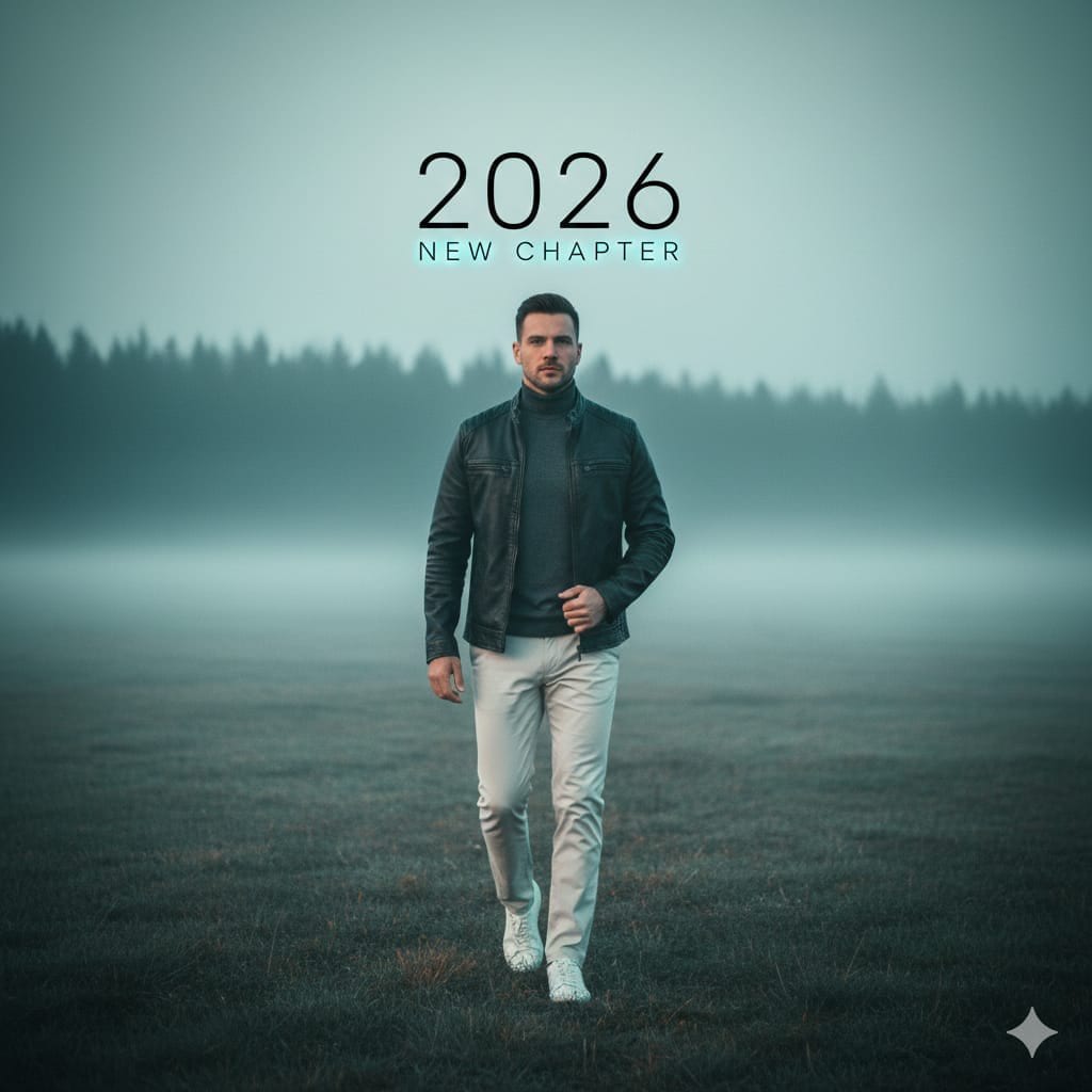 Cinematic Portrait: Man Walking in Foggy Meadow with Typography - KI-Prompt