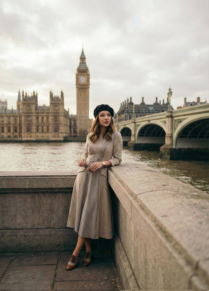 Cinematic Portrait beside the Thames River in London - AI Generated Character Style Image Example