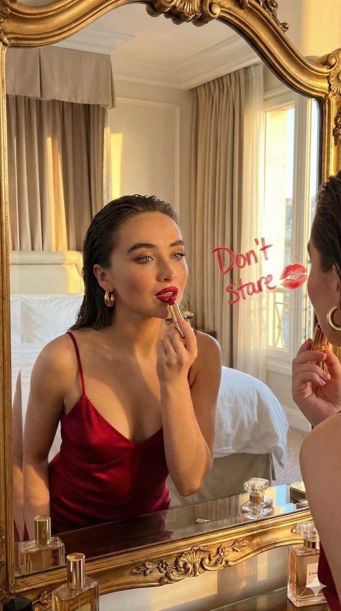 Cinematic Portrait of a Woman Applying Red Lipstick in a Mirror - AI Generated Character Style Image