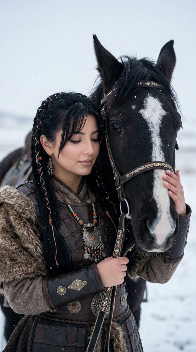Preview image for Cinematic Portrait of Ancient Turkic Woman and Horse in Snow prompt