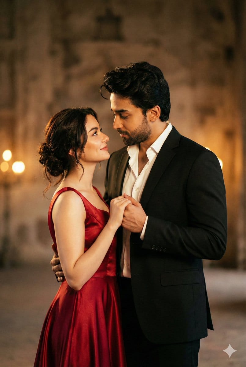 Cinematic Portrait of Couple in Intimate Embrace - AI Generated Character Style Image Example