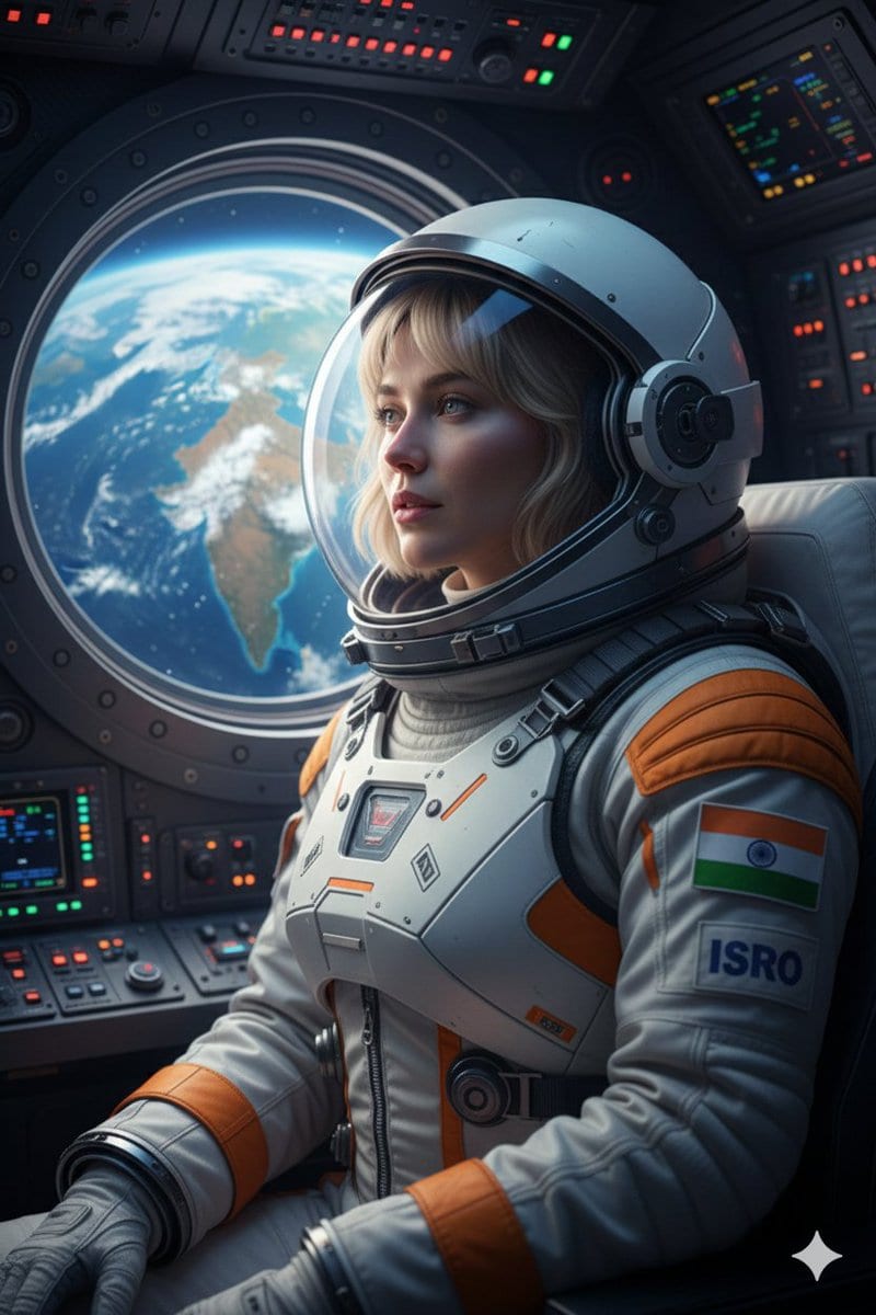 Cinematic Portrait of Indian Astronaut in ISRO Spacesuit - AI 프롬프트