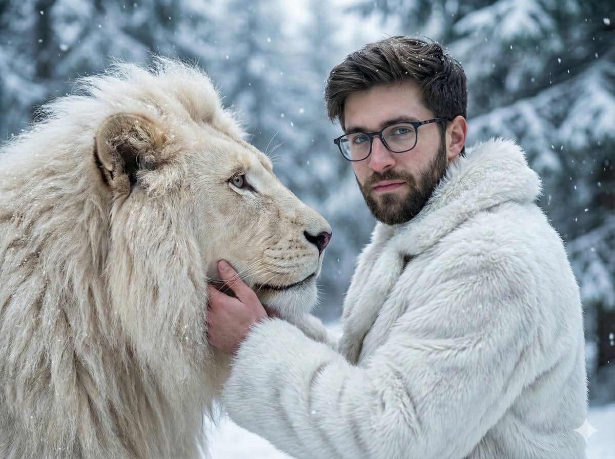 Cinematic Portrait of Man and White Lion in Snowy Forest - Prompt de IA