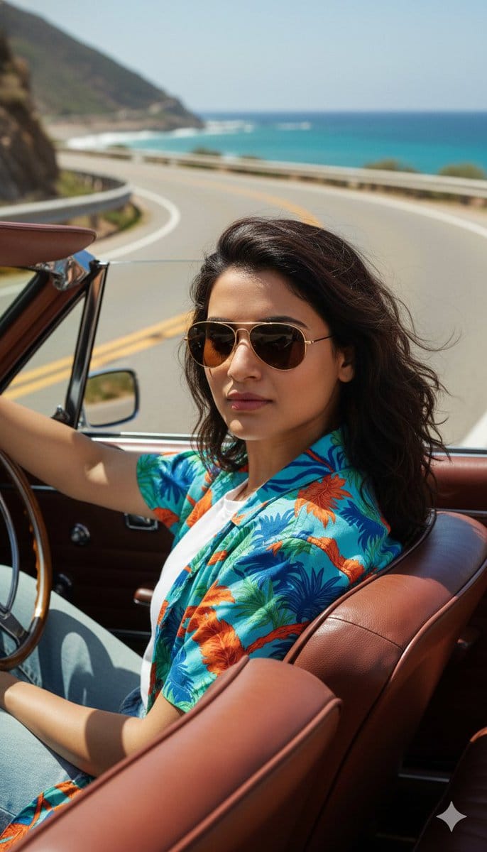 Cinematic Portrait of Man Driving Vintage Convertible - KI-Prompt