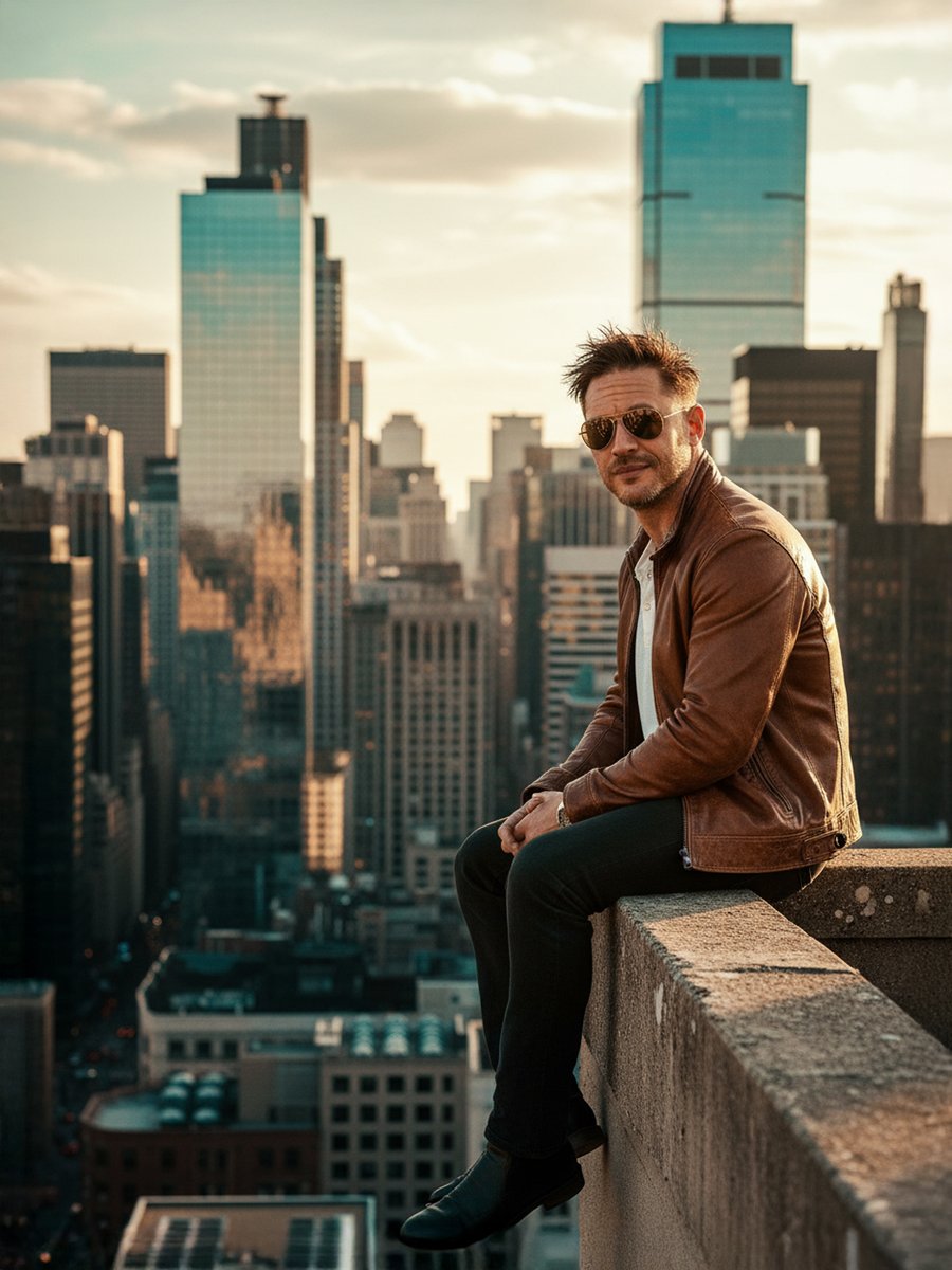 Preview image for Cinematic Portrait on a Rooftop Ledge at Golden Hour prompt