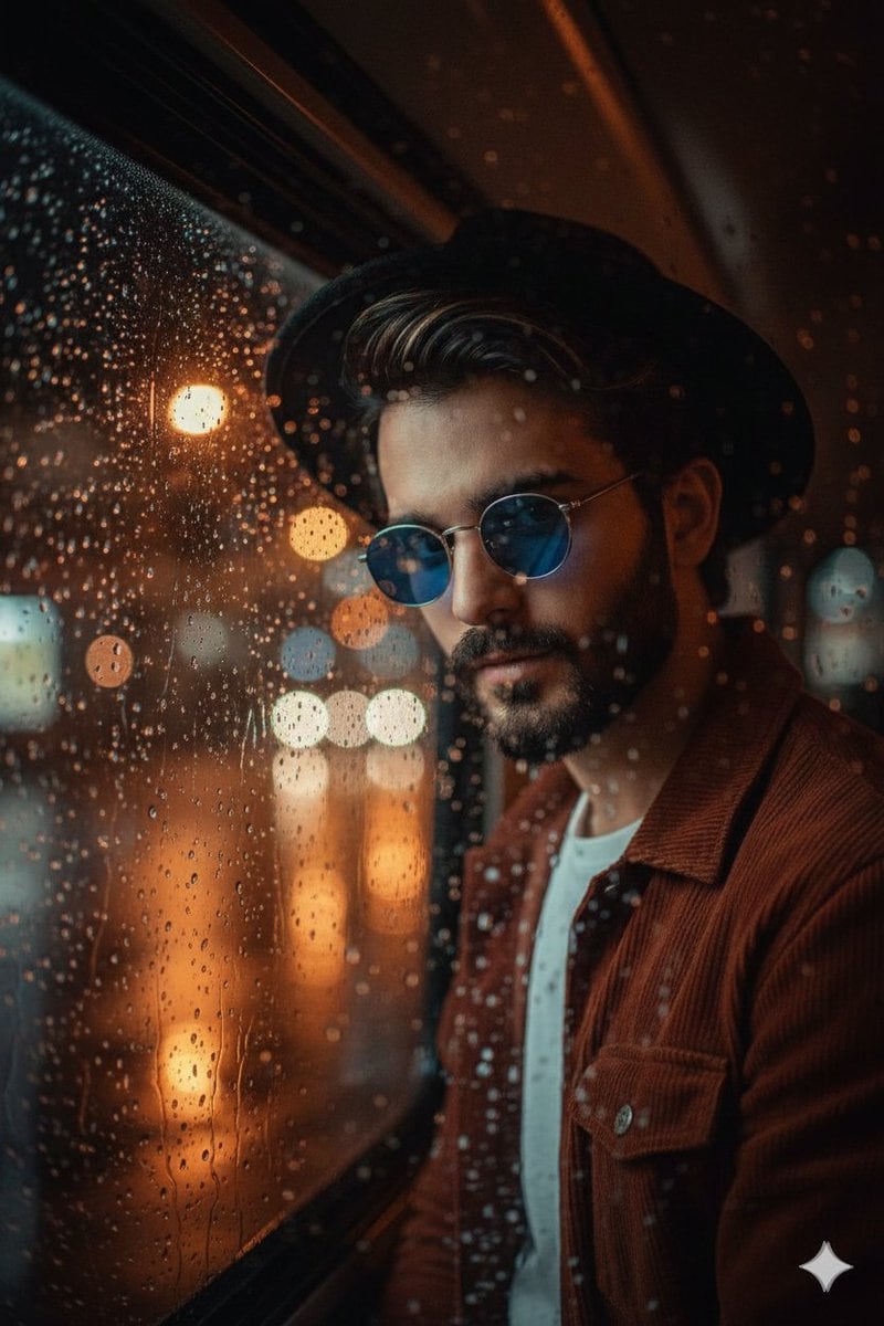 Cinematic Portrait Through Rain-Streaked Window Prompt - AI提示詞