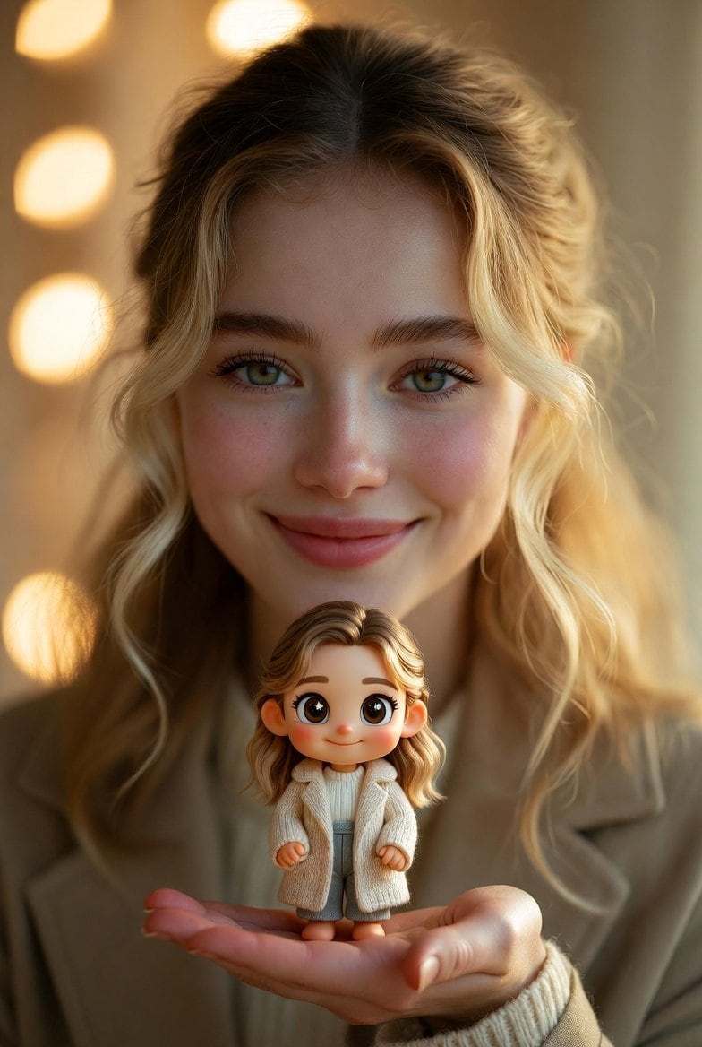 Cinematic Portrait with Miniature Chibi Figurine