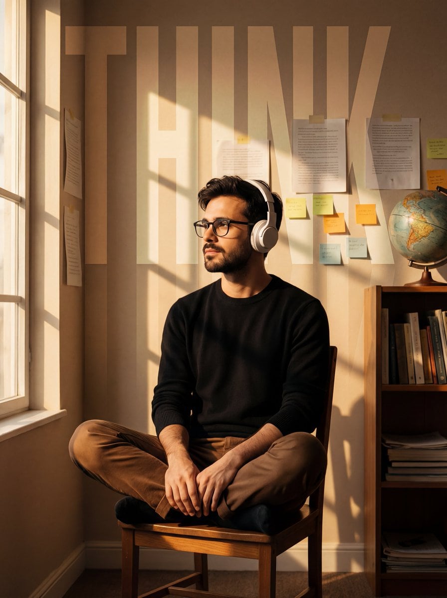 Cinematic Portrait with Window Shadows and Typography Overlay - AI Generated Character Style Image Example