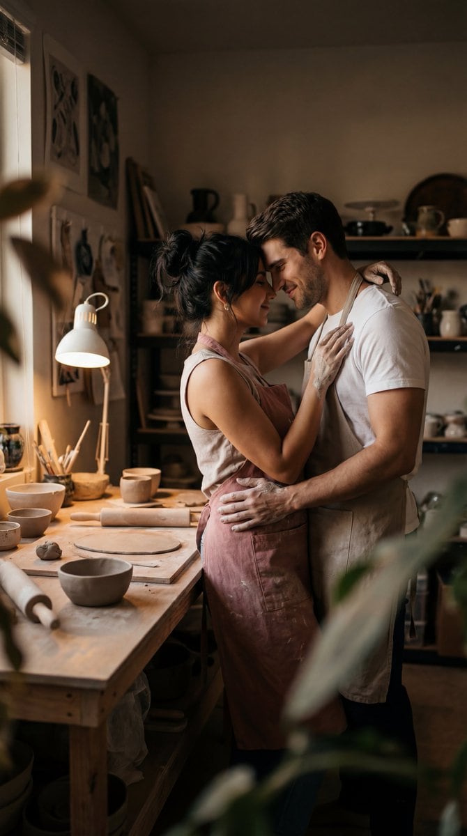 Cinematic Pottery Studio Couple Embrace Prompt - AI提示词