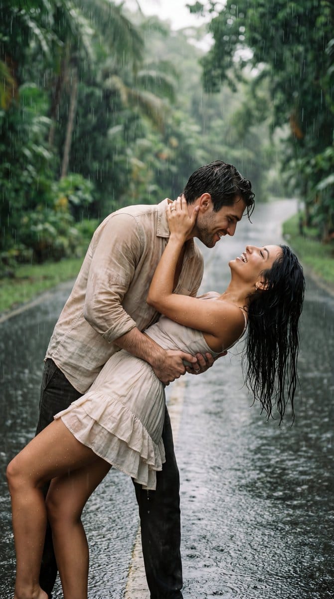 Cinematic Rain Dance Romance Film Still - AI 프롬프트