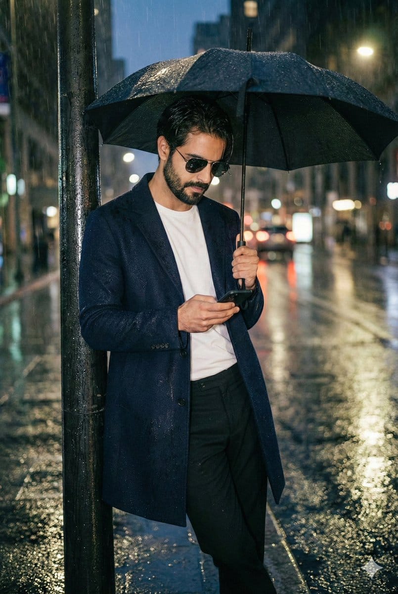 Cinematic Rainy Night Street Portrait of a Confident Man - KI-Prompt