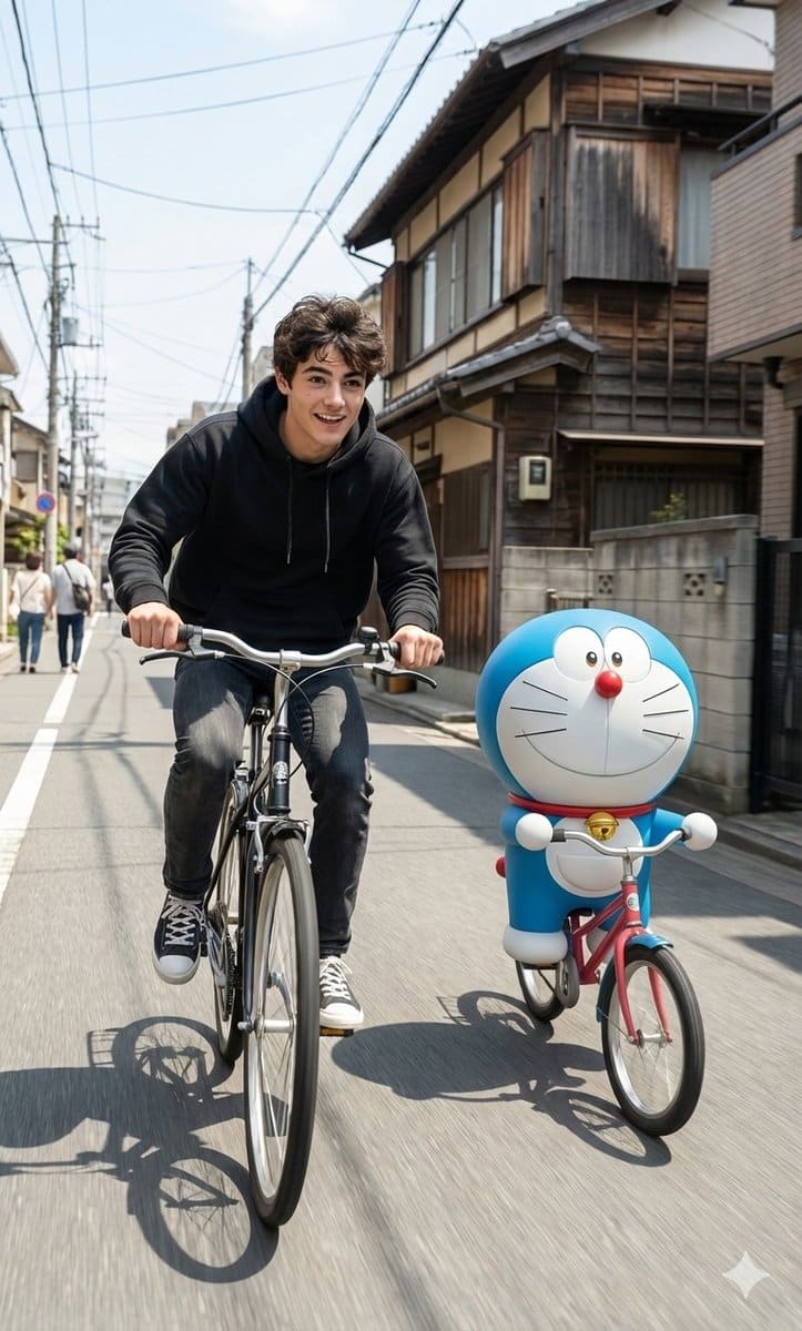 Cinematic Realism with Cartoon Character on Bicycle - Prompt IA