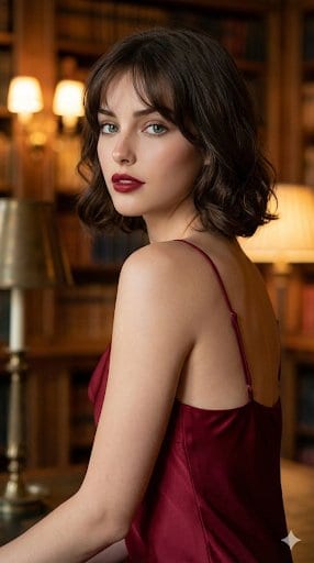 Cinematic Red Dress Portrait in a Vintage Library - Prompt de IA