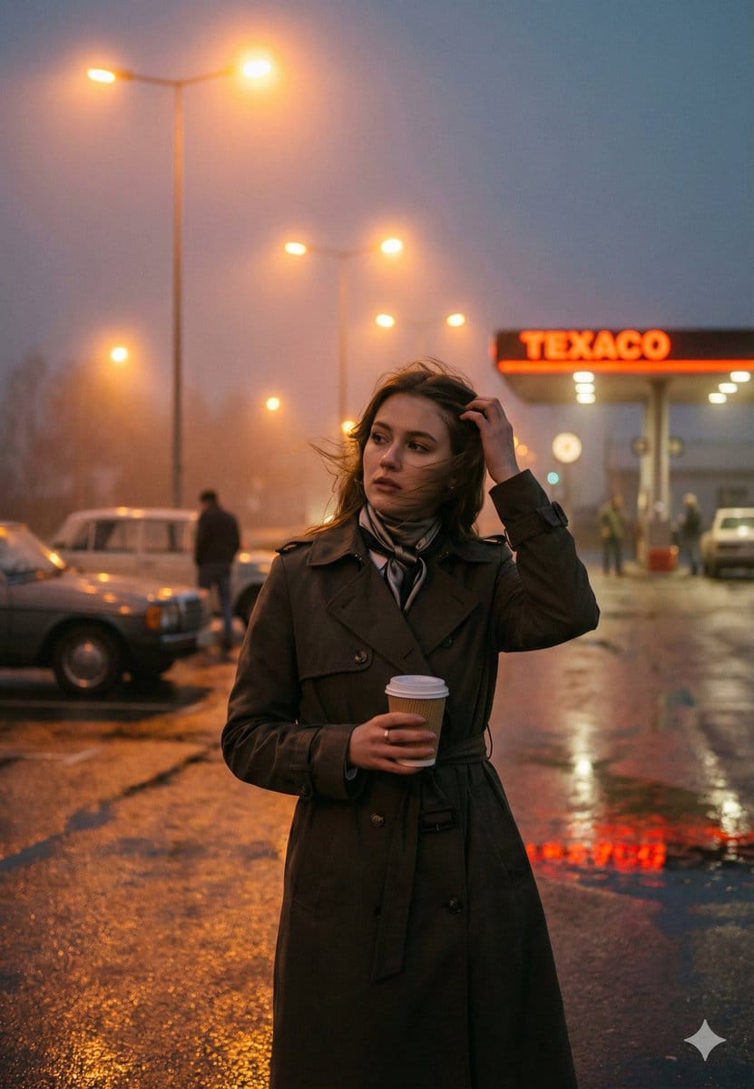 Cinematic Roadside Realism at a Gas Station - AI Generated Character Style Image Example