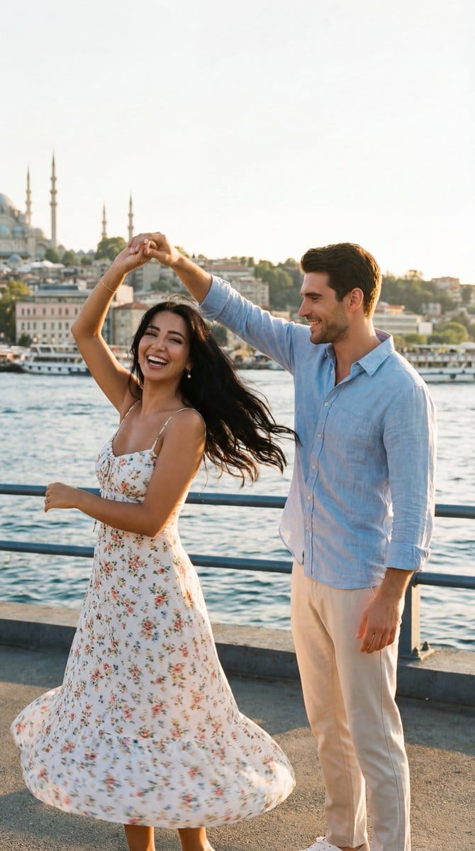 Cinematic Romance: Couple Dancing at Istanbul Sunset - AI Generated Realistic Style Image Example