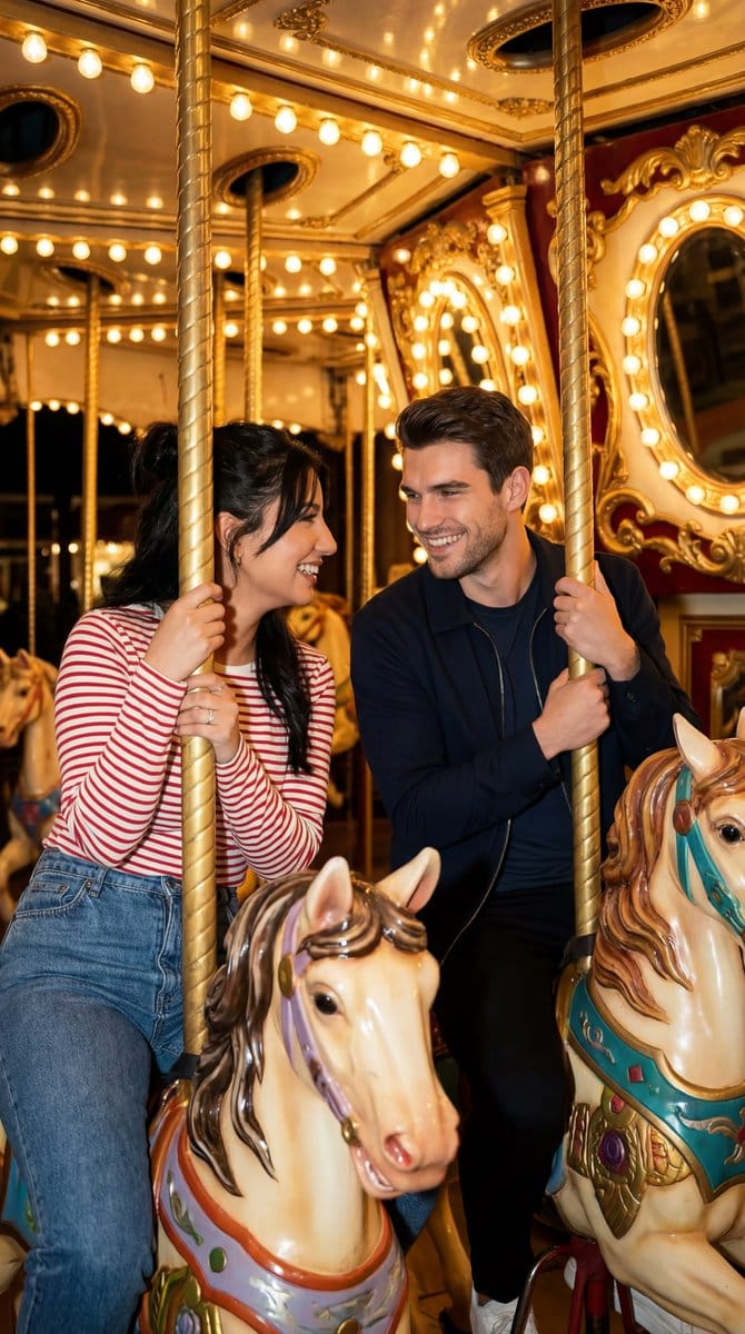 Cinematic Romcom Scene on a Carousel with Identity Lock - AI提示词