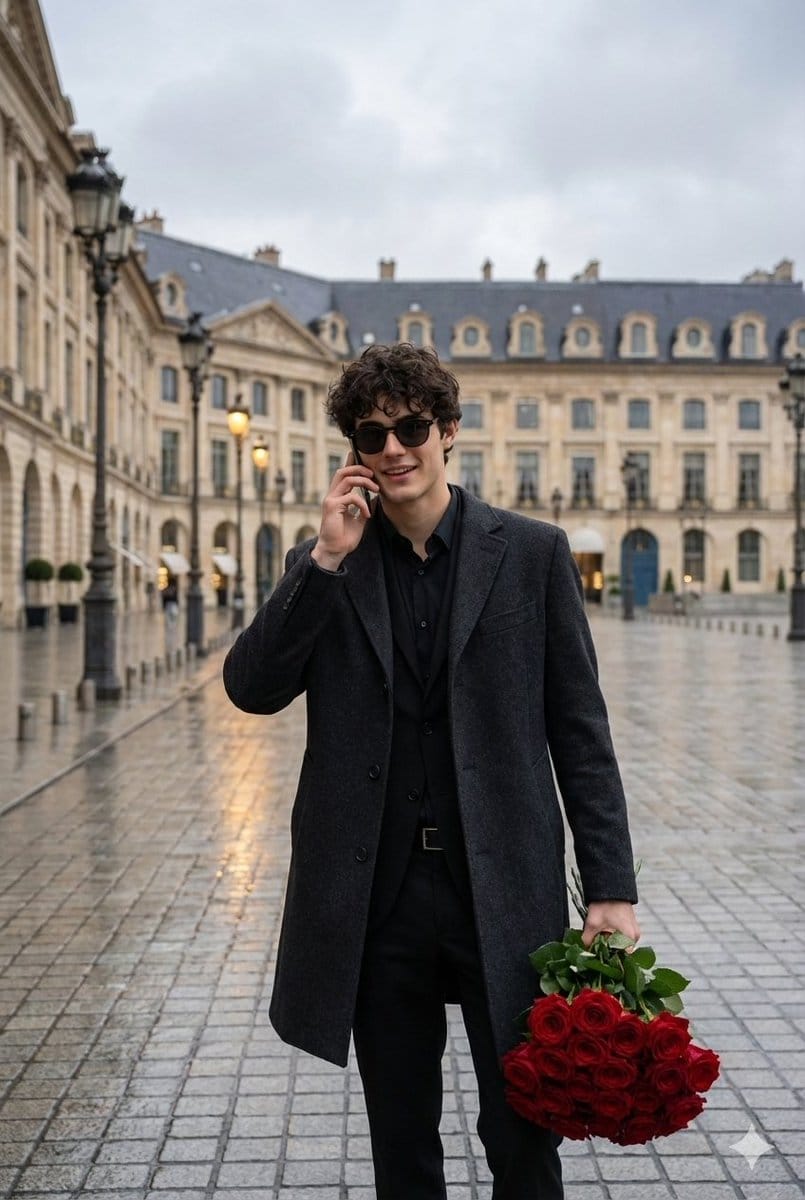 Cinematic Scene of a Man with Roses on a Wet City Street - AI Generated AI Art Style Image Example