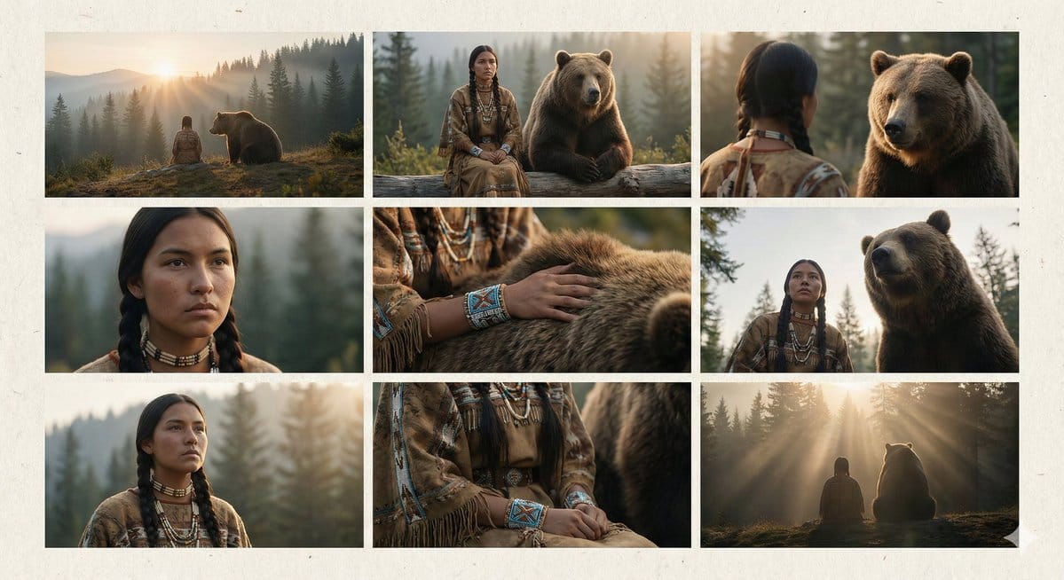 Cinematic Storyboard of Woman and Bear in Forest - KI-Prompt