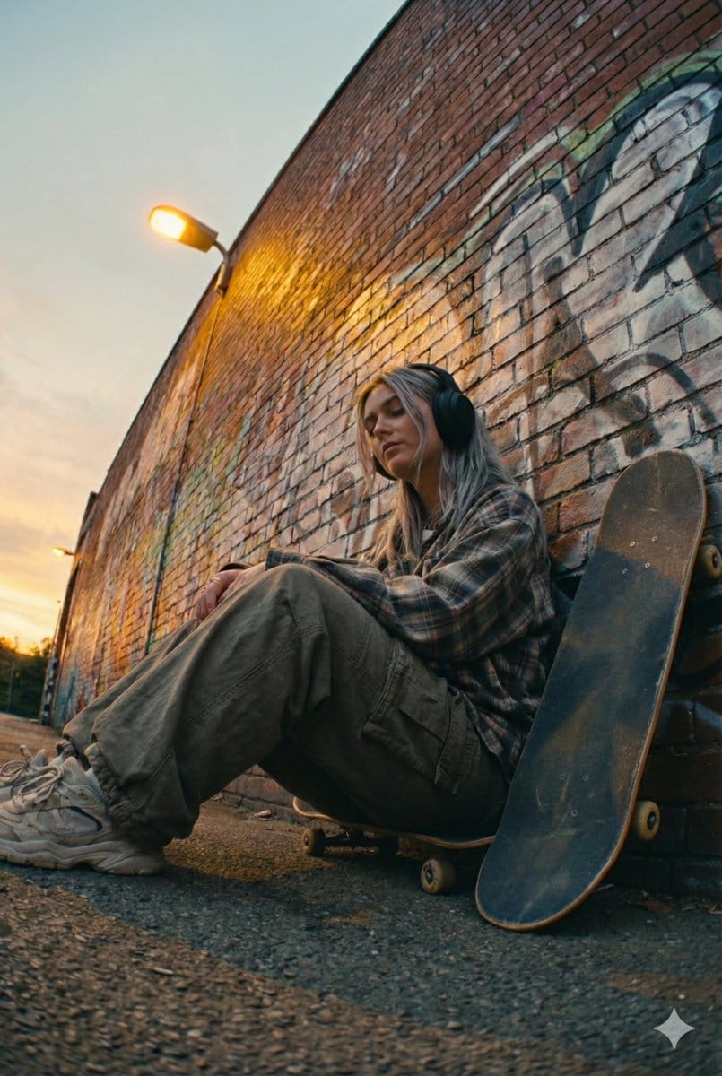 Cinematic Street Portrait of a Young Woman Listening to Music - KI-Prompt