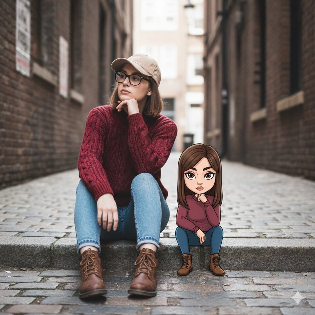 Cinematic Street Portrait with Whimsical Illustrated Avatar - Prompt IA