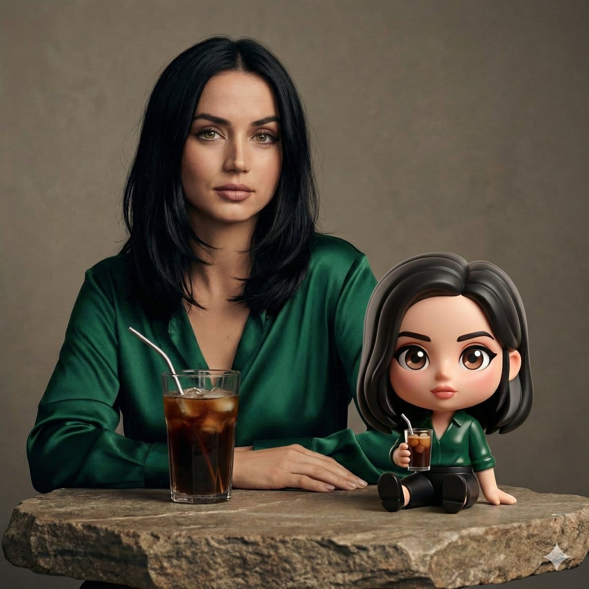 Cinematic Studio Portrait of Ana de Armas with Chibi Figure - نص توجيهي للذكاء الاصطناعي