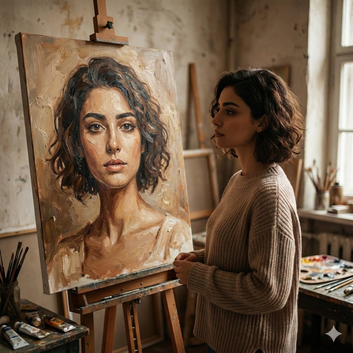 Cinematic Studio Scene of Woman Observing Portrait - AI Prompt