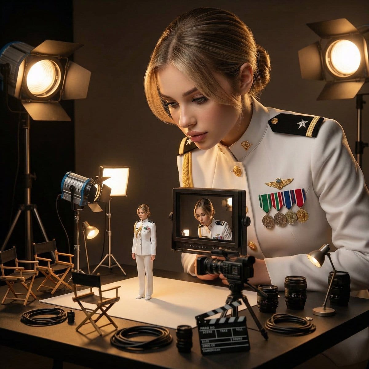 Cinematic Studio Scene of Woman Supervising Miniature Self - AI 프롬프트