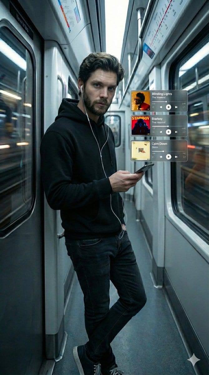 Cinematic Subway Portrait with Holographic Music UI - Prompt IA