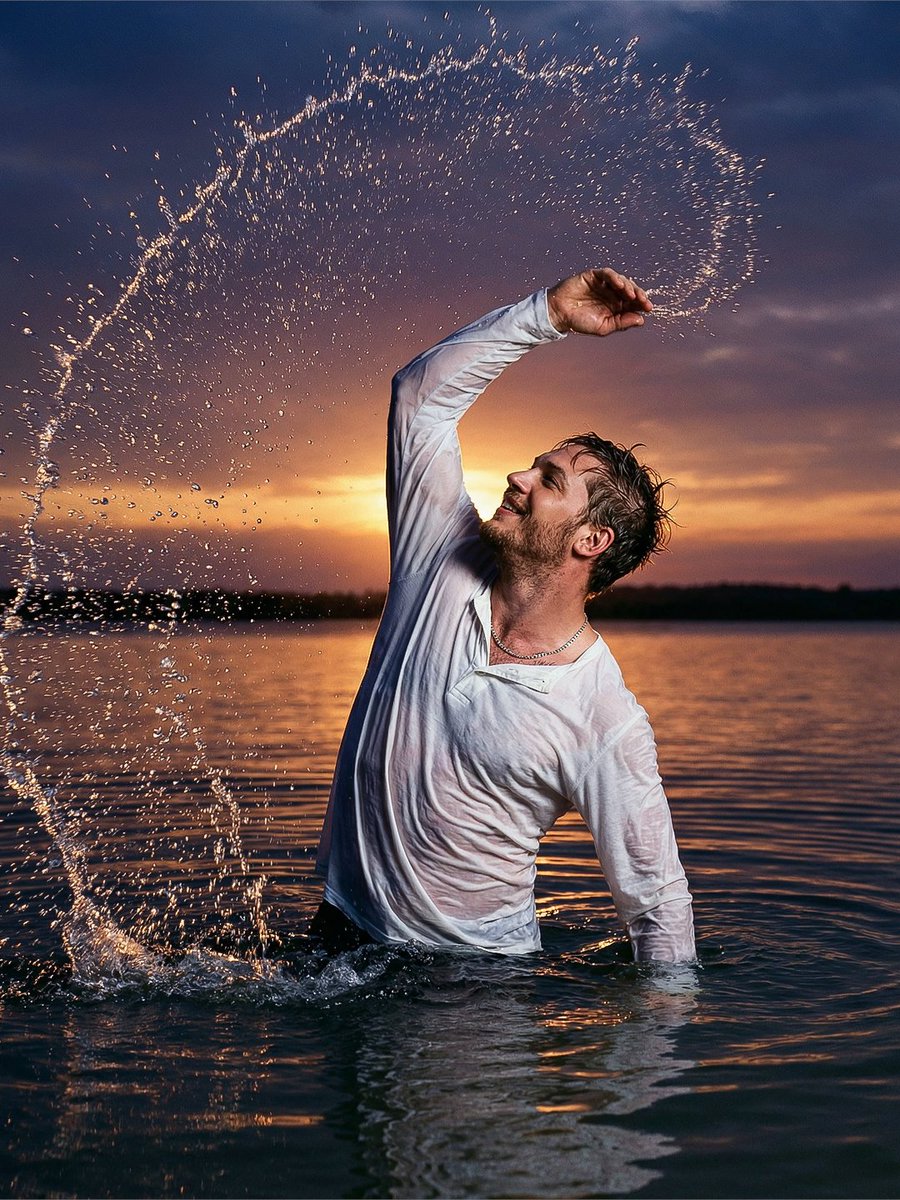 Preview image for Cinematic Sunset Water Splash Portrait prompt