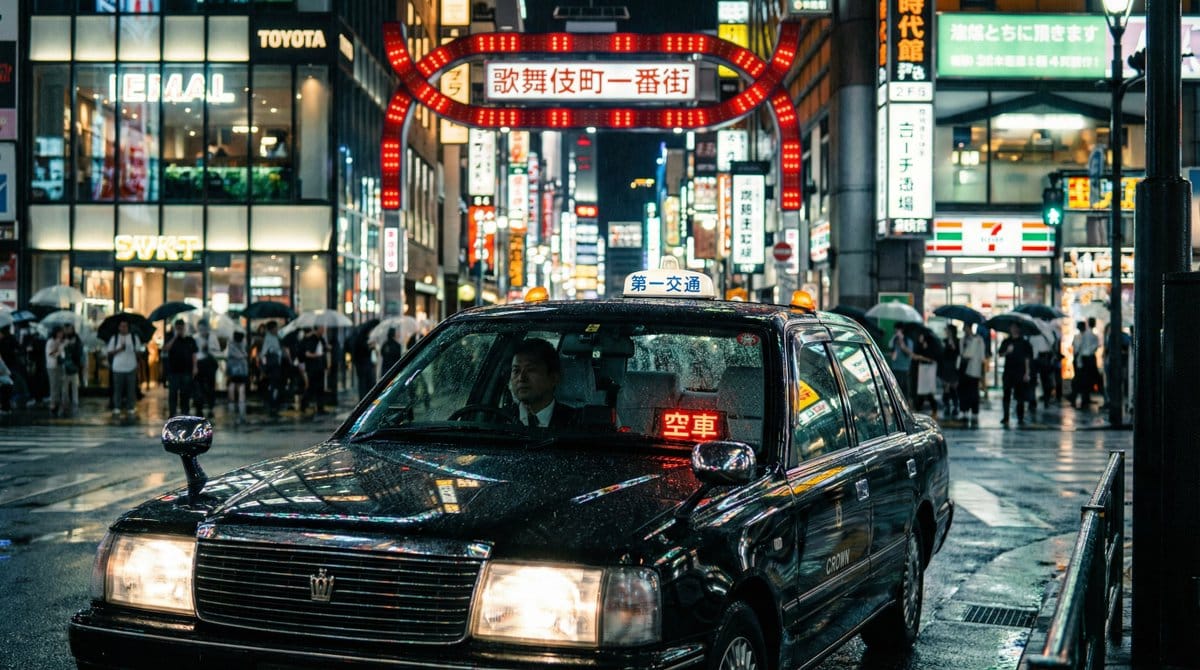 Cinematic taxi in rainy Kabukicho at night - AIプロンプト