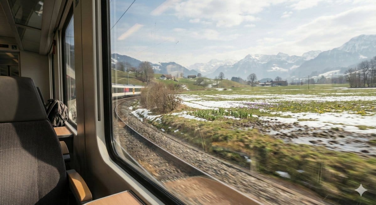 Cinematic Train Window View in European Spring - KI-Prompt