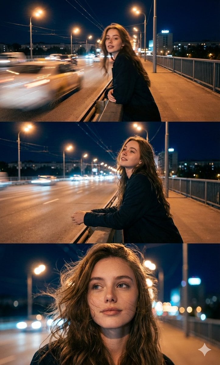Cinematic Triptych Portrait in a Night City Setting - AI 프롬프트