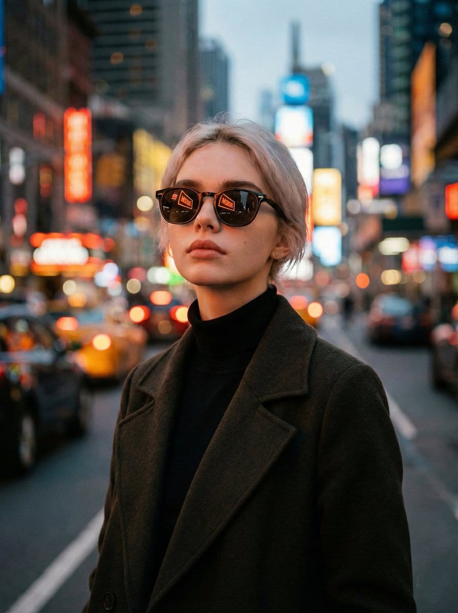 Cinematic Twilight City Portrait with Neon Reflections - Prompt IA