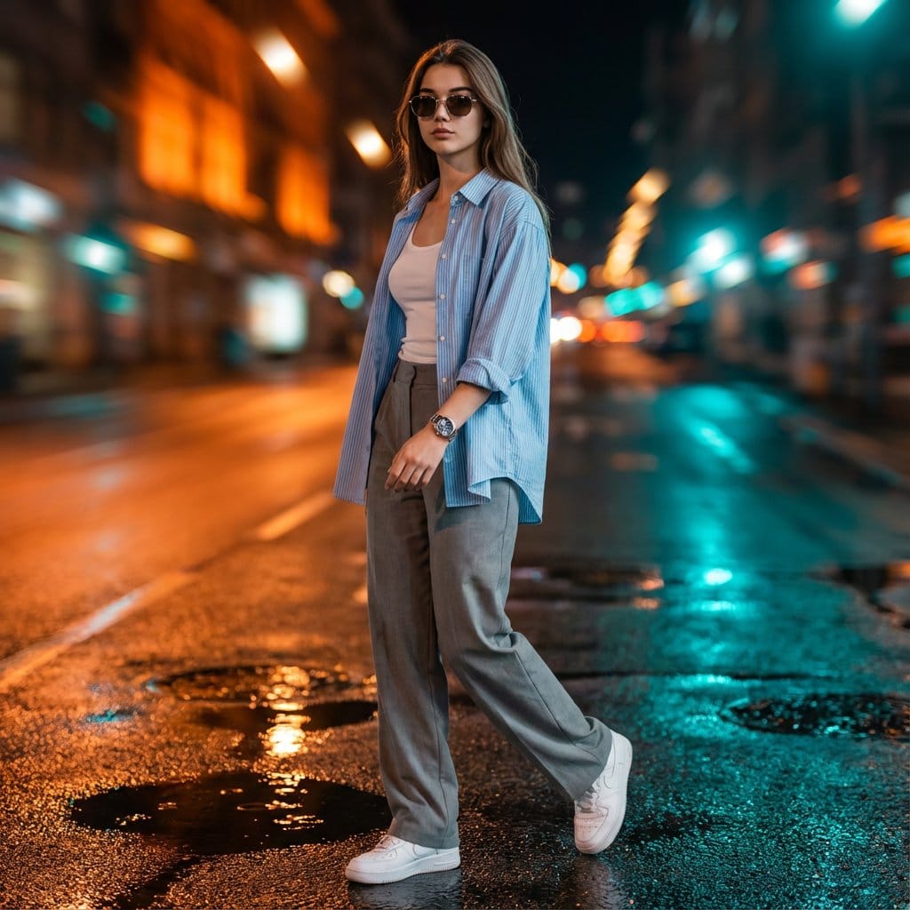 Cinematic Urban Night Portrait with Neon Reflections on Watch - AI提示词