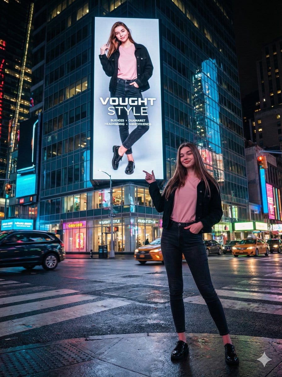 Cinematic Urban Night Scene with Digital Billboard - Промпт ИИ