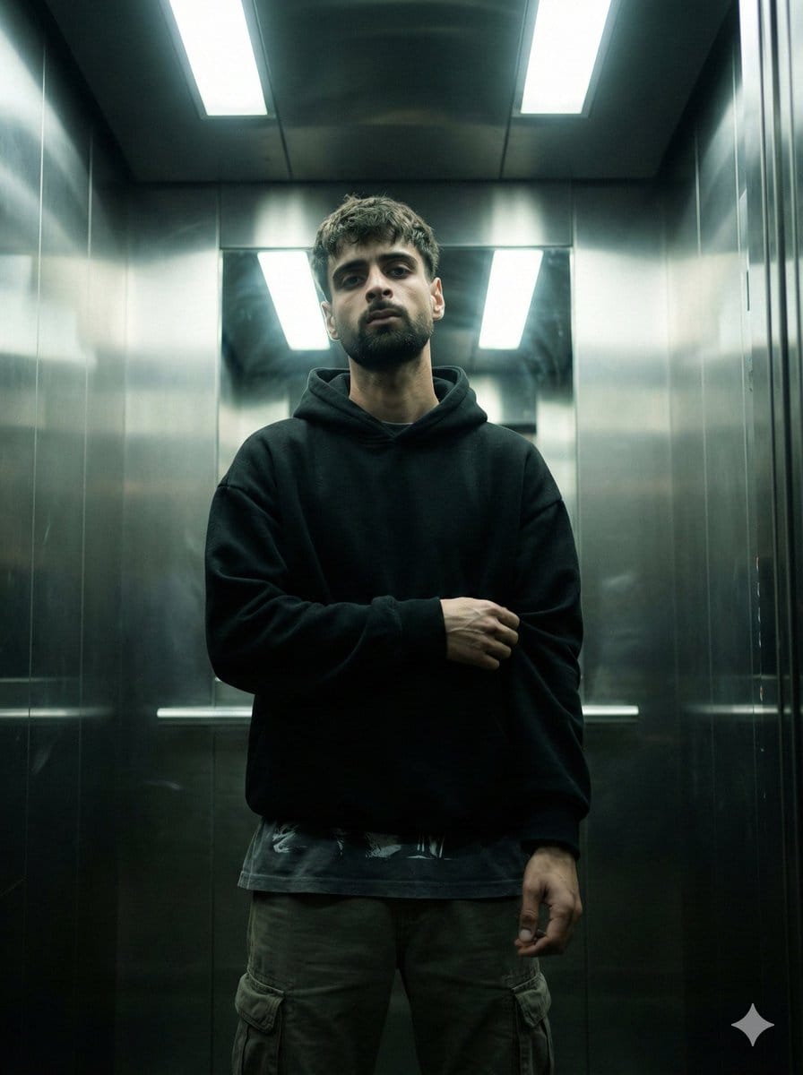 Cinematic Urban Realism in an Elevator - AI Generated Character Style Image Example