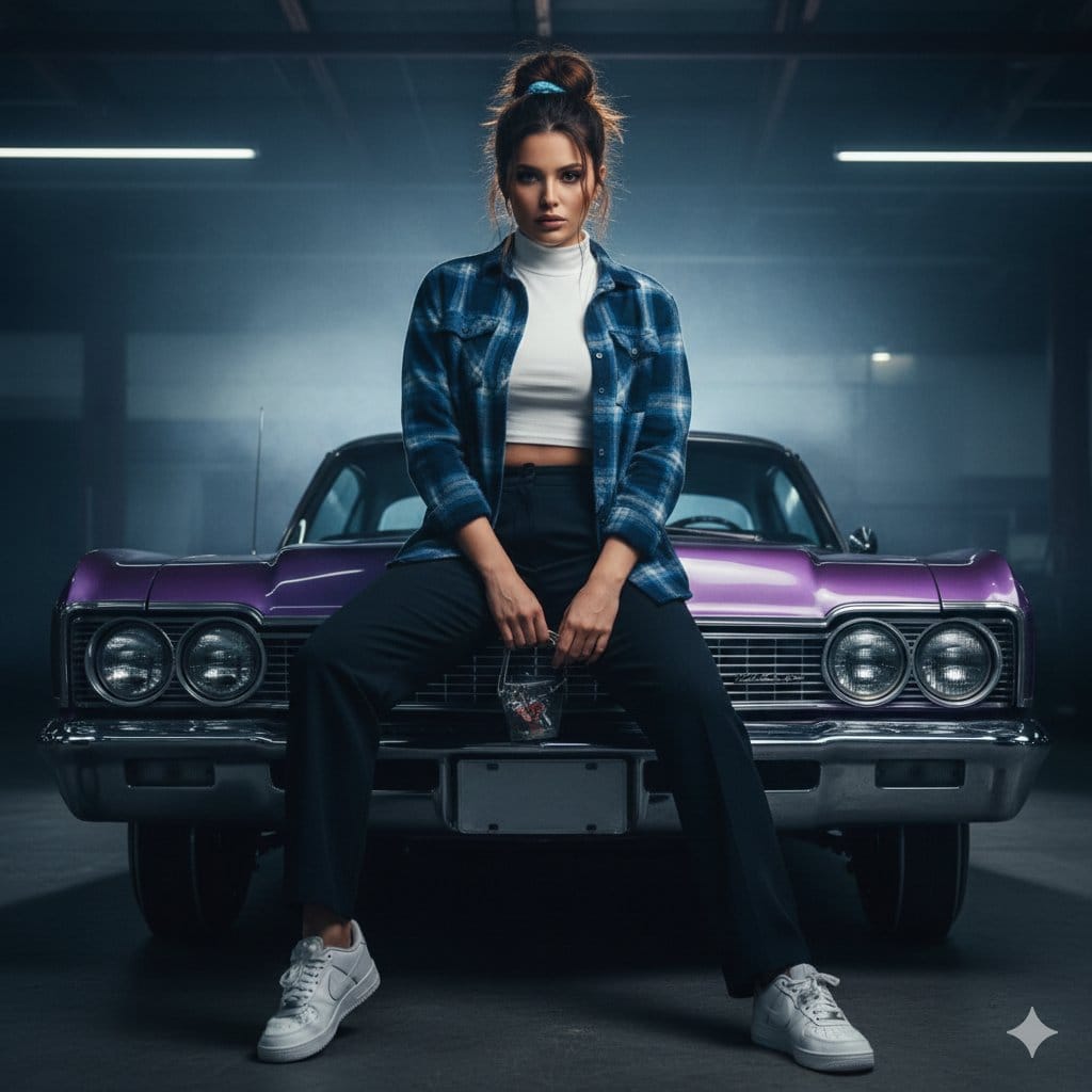 Cinematic Urban Rebel Portrait on Lowrider - AI Generated Character Style Image Example