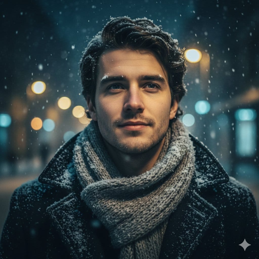Cinematic Urban Winter Night Portrait - AI Generated Character Style Image Example