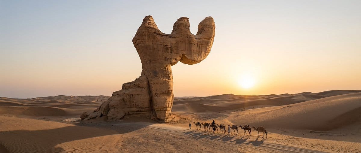 Cinematic Wide-Angle of Monolith Shaped Like Persian Numeral Three - AI Prompt