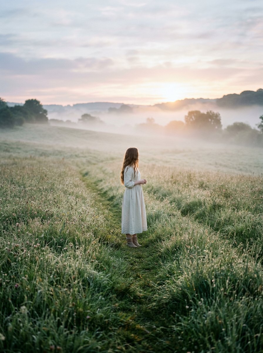 Preview image for Cinematic Wide Shot of Girl in Dewy Meadow at Sunrise prompt