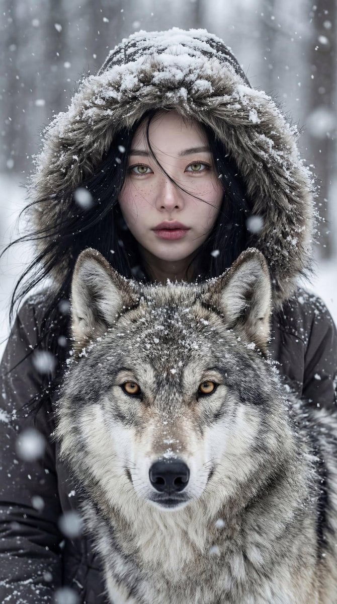 Cinematic Winter Portrait: Woman and Wolf - Prompt de IA