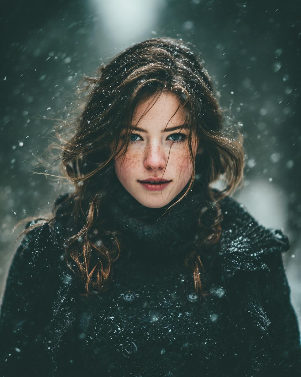 Cinematic Winter Portrait with Snowfall - KI-Prompt
