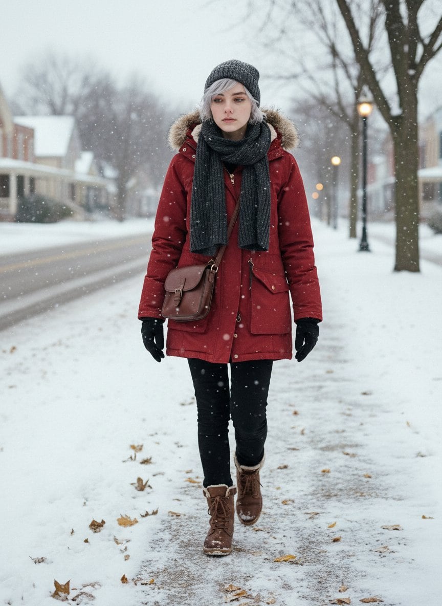 Cinematic Winter Snowfall Portrait - AI 프롬프트