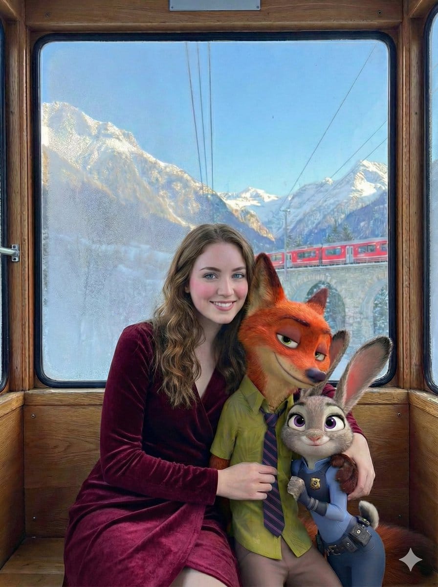 Cinematic Winter Train Scene with Animated Characters - Prompt IA