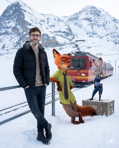 Cinematic Winter Travel Scene with Zootopia Characters - AI Generated Character Style Image Example
