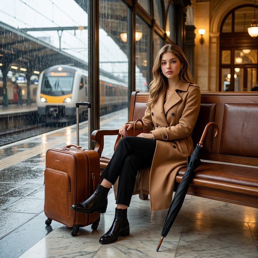 Preview image for Cinematic Woman Waiting for Train in Rain prompt