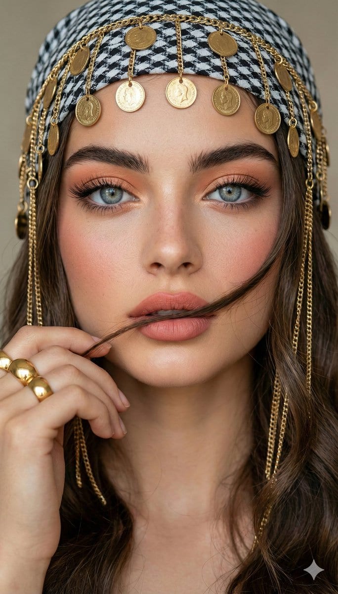Close-up Portrait with Headscarf and Jewelry Prompt (Image Reference) - AI Generated Character Style Image Example