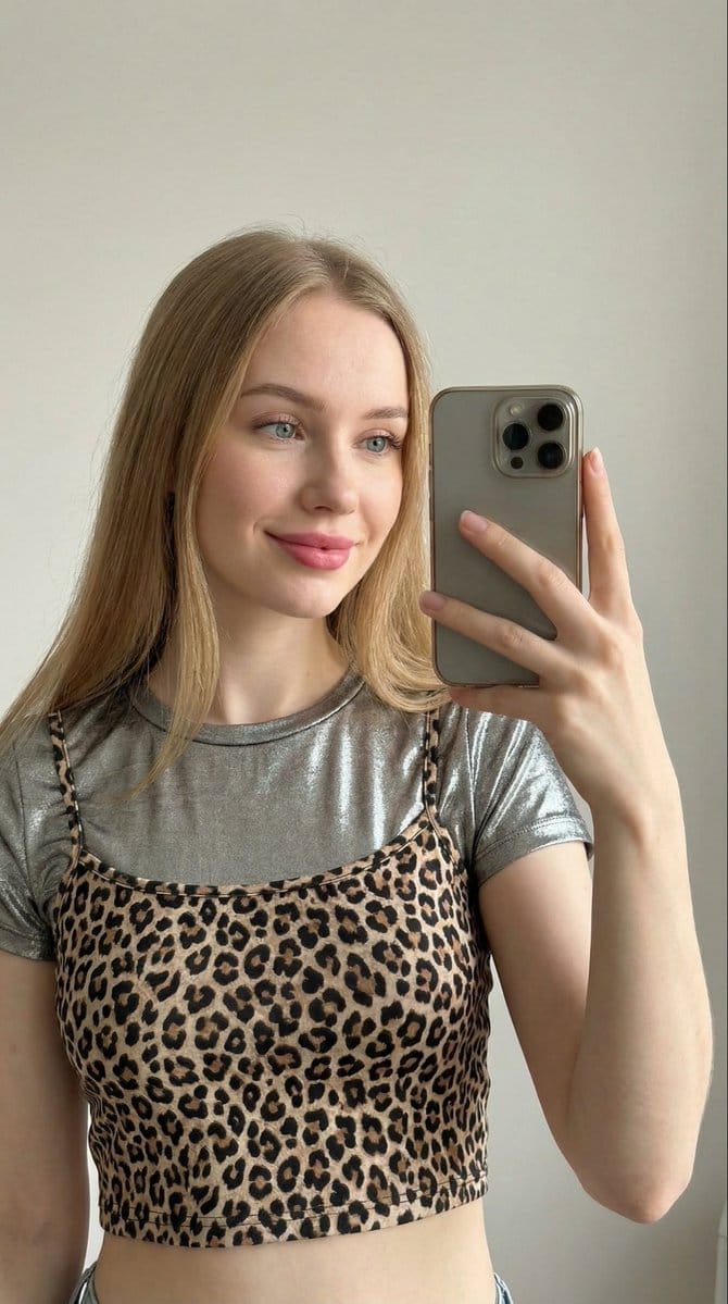 Close-up Selfie of a Woman in Leopard Print and Metallic Shirt - Prompt de IA