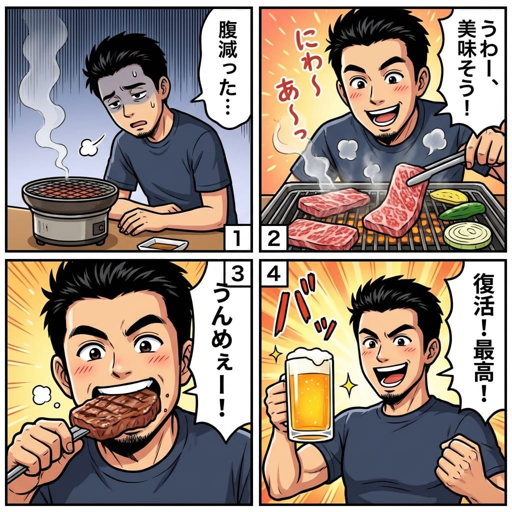 Color comic of a character getting energized by barbecue - AI Generated Character Style Image Example